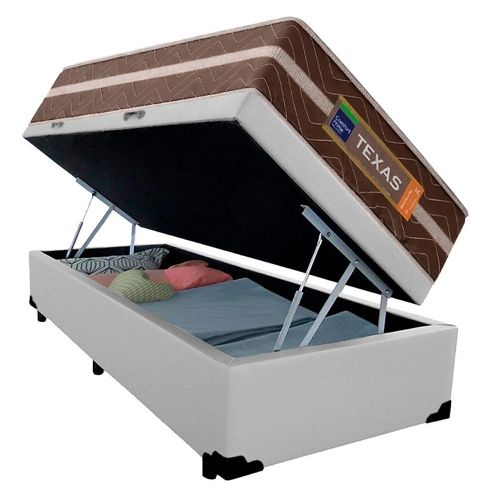Cama Box Baú Solteiro Sintético + Colchão Molas Ensacadas