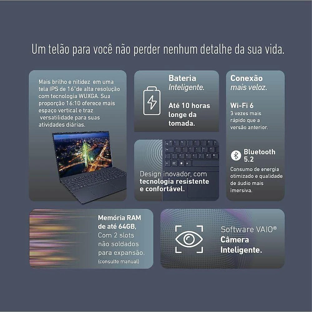Notebook Vaio FE16 AMD® Ryzen 7-5825U Windows 11 Home 32GB RAM 512GB SSD 16 IPS Wuxga - Cinza Grafite