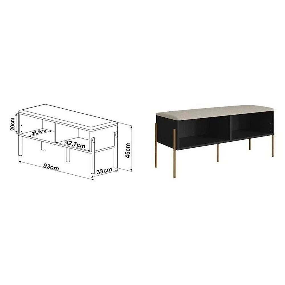 Conjunto Sapateira Banco Estofada e Prateleira Pé Metal Oslo Nero/Dourado