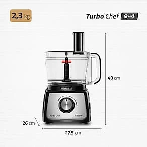 Multiprocessador de Alimentos Mondial Turbo Chef 9 em 1 MPN-01-BF 2 Velocidades + Pulsar 1000 W 110V