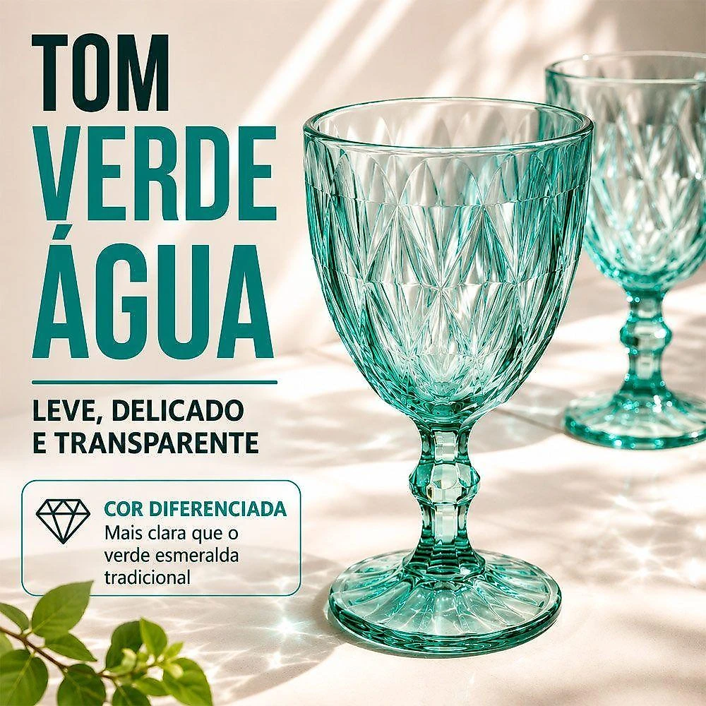 Taça Diamond para Vinho Água e Sucos Vidro com Textura Diamante Verde Claro Hauskraft 6 Unidades