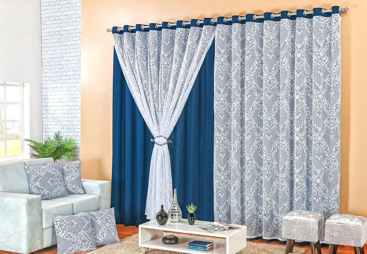 Curtina Renda 3M + 4 Capas Almofadas E Presilhas Cor Azul