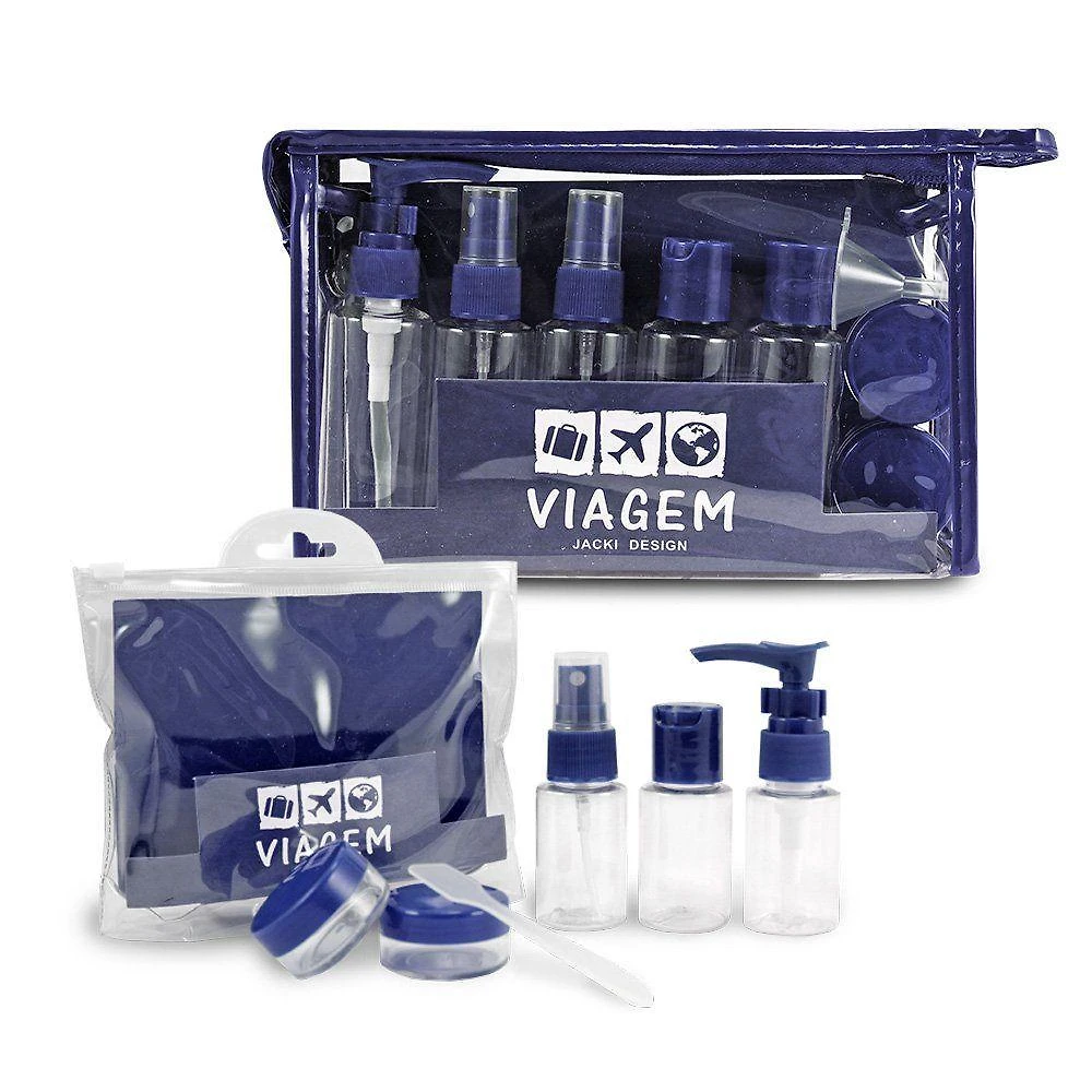 2 Kits De Frascos Para Viagem - 7 Peças E 10 Peças - Jacki Design Azul