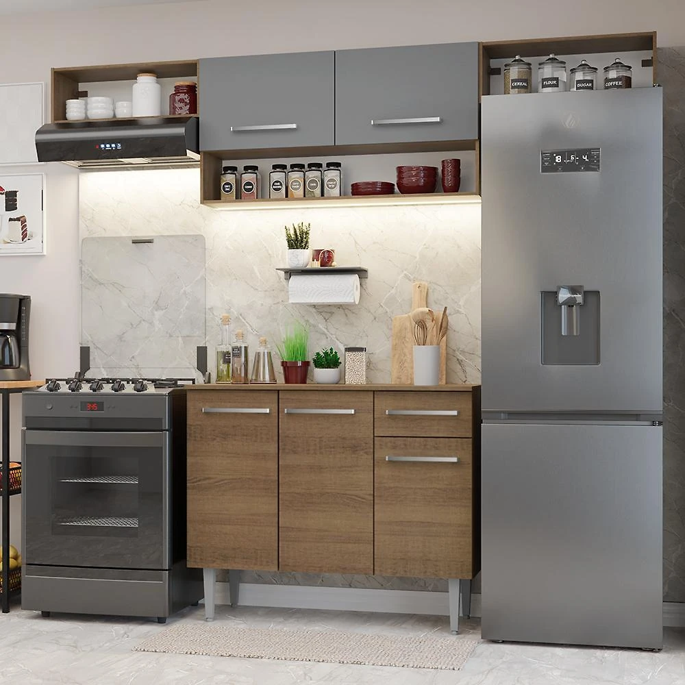 Armário de Cozinha Completa 225cm Rustic/Cinza Emilly Madesa 01XA
