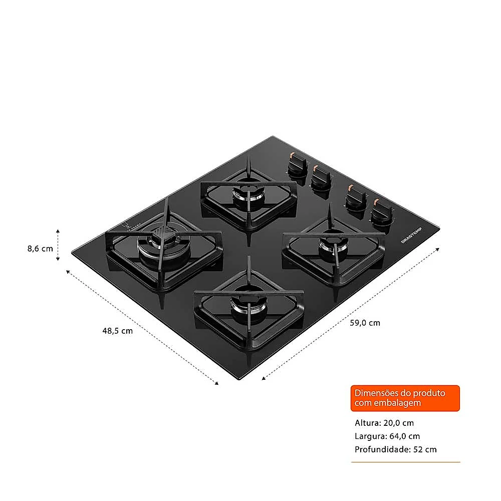 Cooktop a Gás Brastemp em Vidro Temperado com 04 Bocas Preto - BDS62AE Bivolt