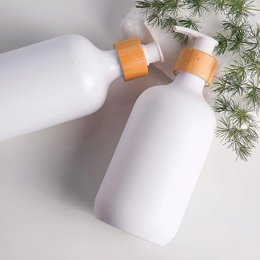 Porta Sabonete Líquido Conjunto 2 Frascos Vidro e Bambu com Base para Banheiro Preto e Branco GXM
