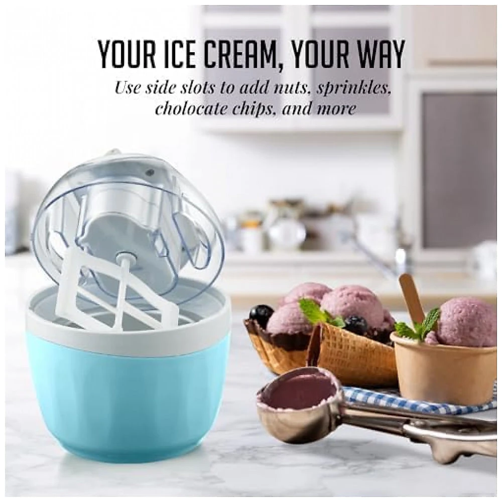 OVENTE Máquina Elétrica de Sorvete com Tampa EasyLock e Tigela Congelante de 1 Litro - Sorvete, Gelato e Iogurte Caseiros Saudáveis - Azul
