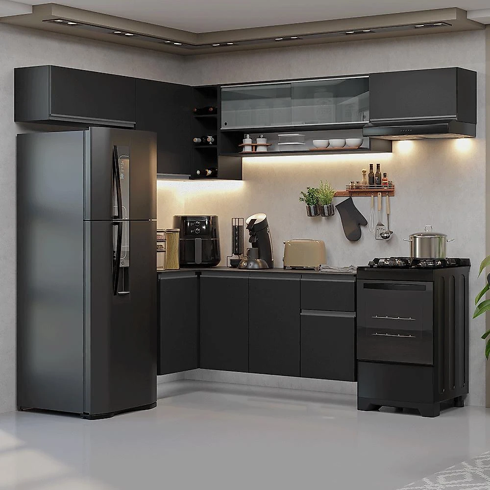 Armário de cozinha completa de canto suspenso 405 cm preto nice madesa 04