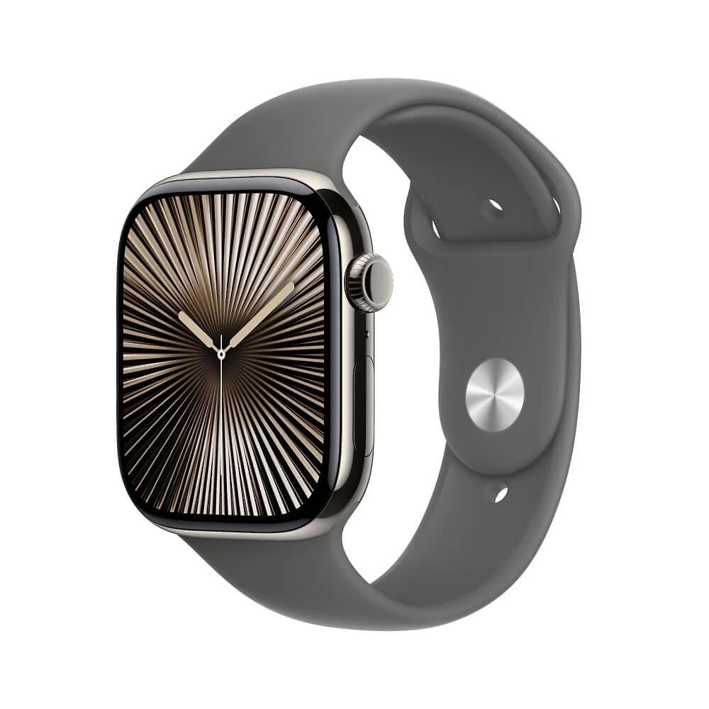 Apple Watch Series 10 GPS + Cellular • Caixa natural de titânio – 46 mm • Pulseira esportiva cinza-pedra – P/M
