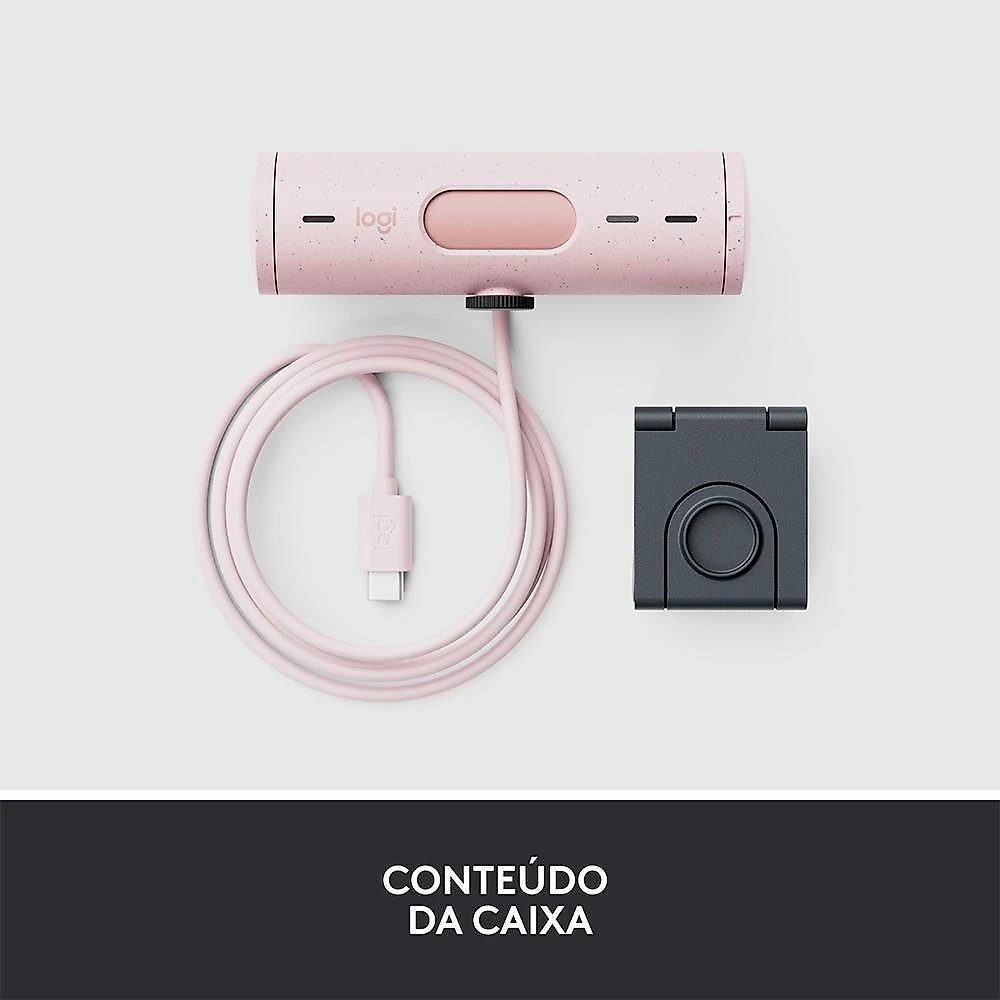 Webcam + Suporte Logitech Brio 500 Full HD, 1080p, 30 FPS, com Microfones Duplos, USB, Suporte Incluso, Rosa - 960-001418