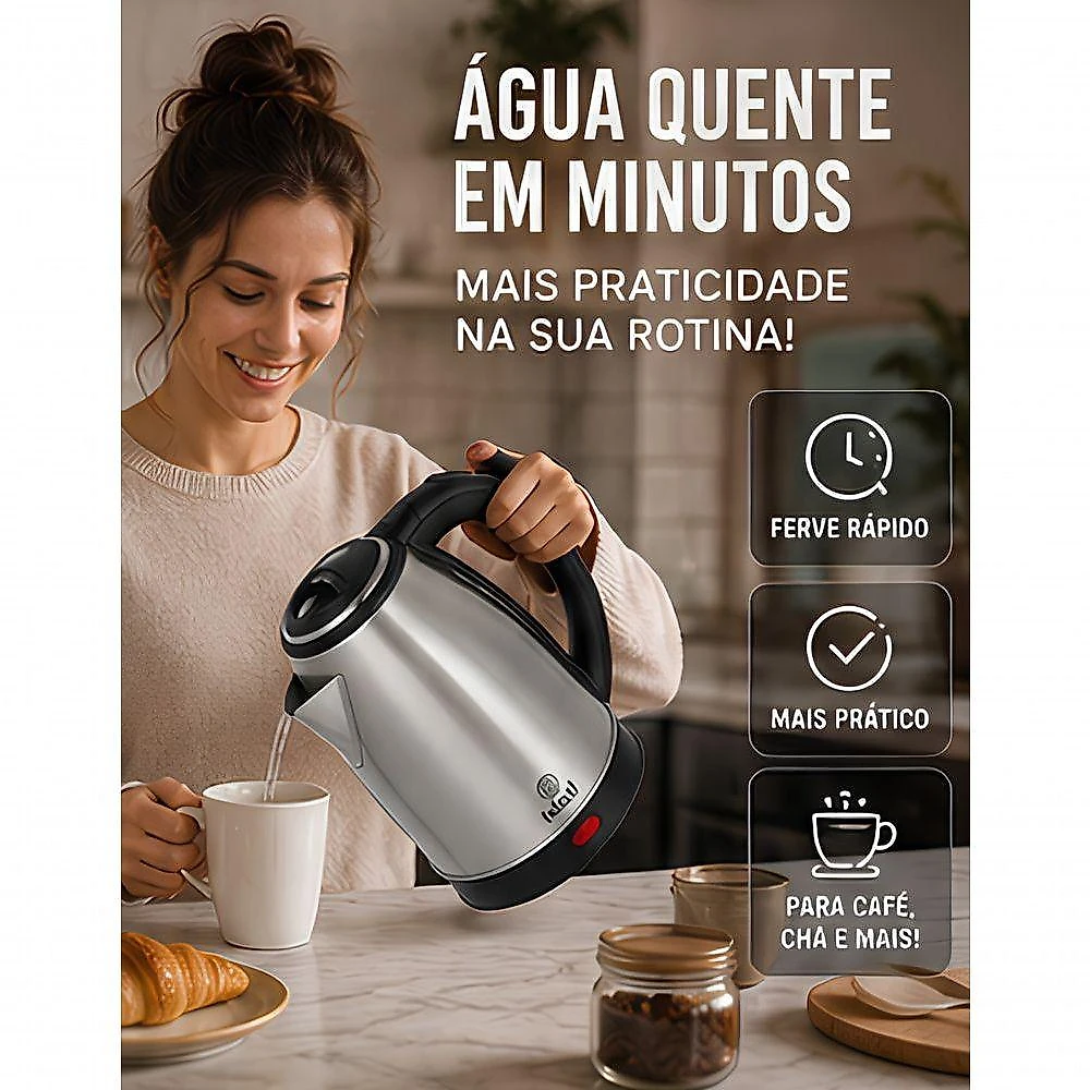 Chaleira Elétrica Inox 1,8L 1500W Base Removível Desligamento Automático 220V