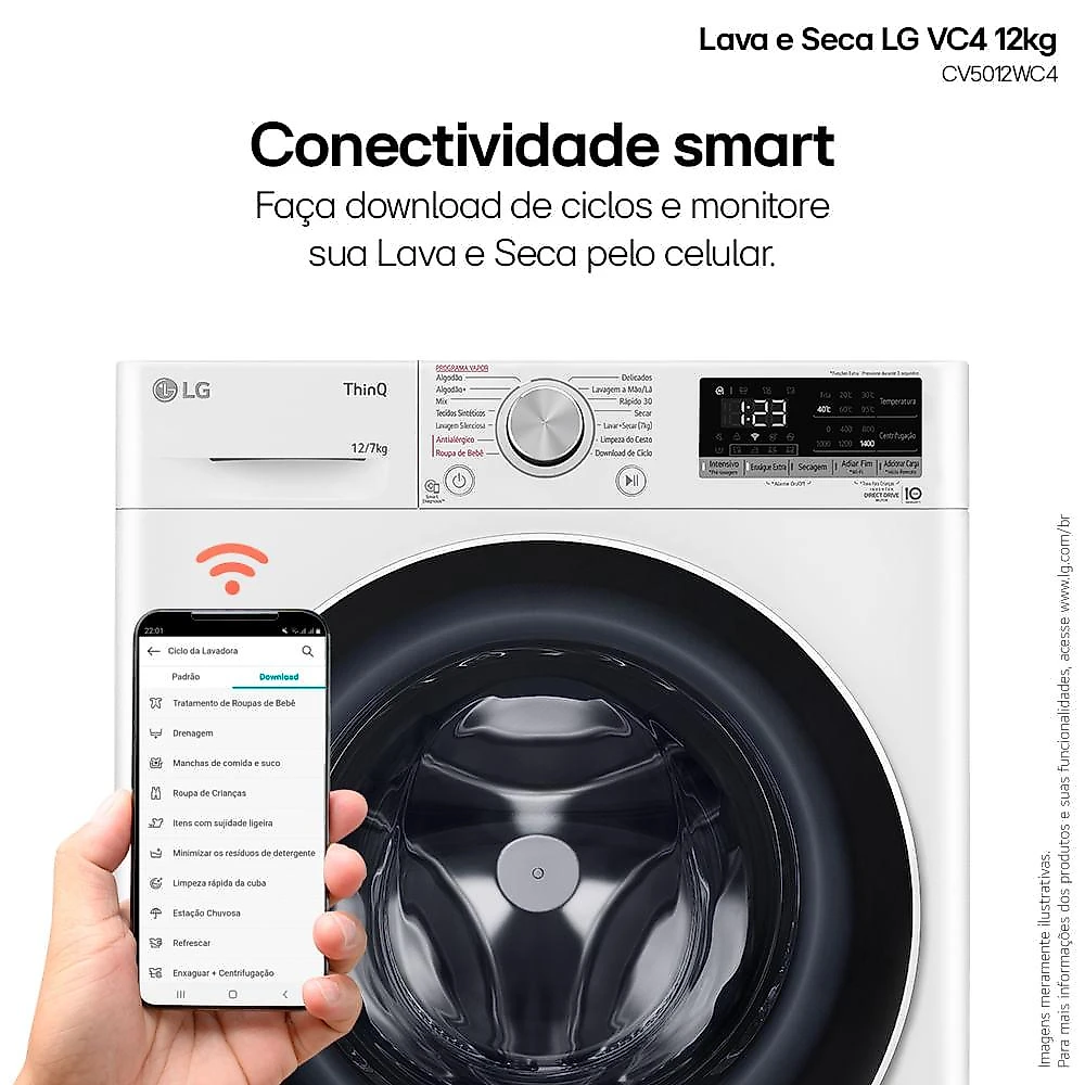 Lava e Seca LG VC4 Smart com Inteligência Artificial 12kg Branca CV5012WC4 127V