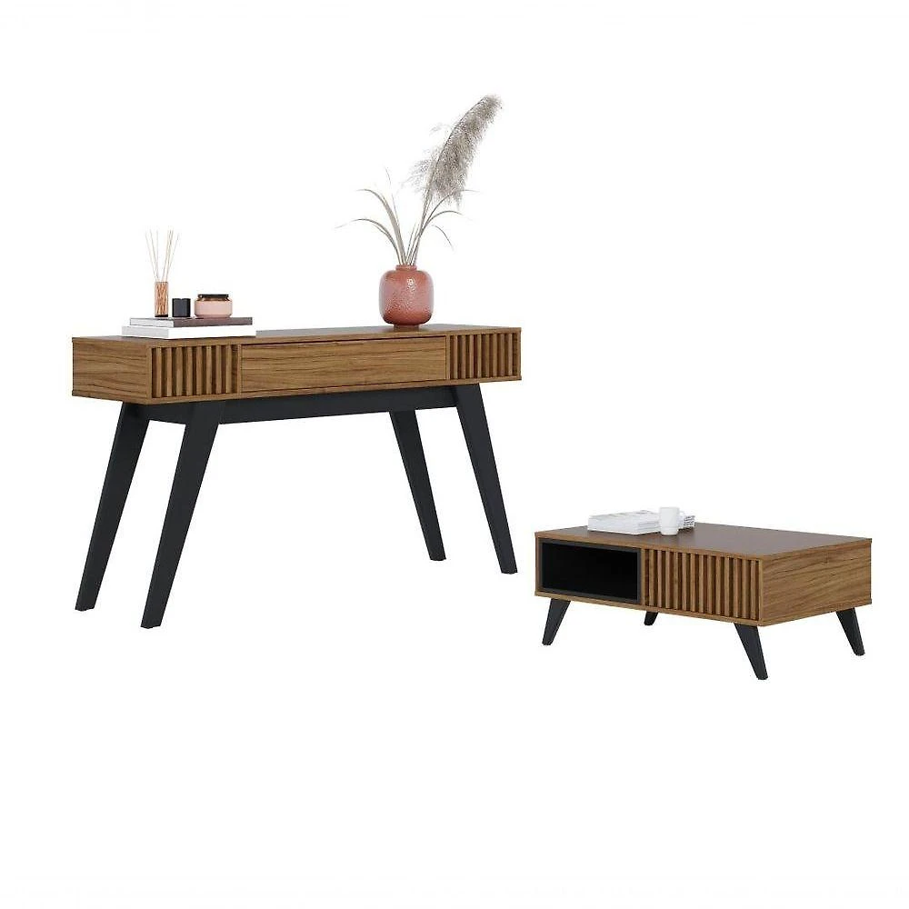 Conjunto Aparador Orlando com Pés 1 Gaveta e Mesa de Centro Retrô Boston Nichos MDP MDF Noce Milano