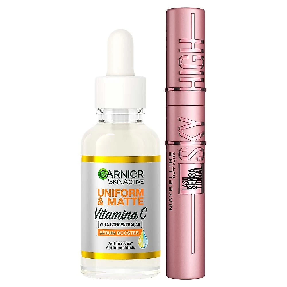 Garnier skin + maybelline kit – sérum facial  uniform & matte vitamina c  15ml + máscara de cílios
