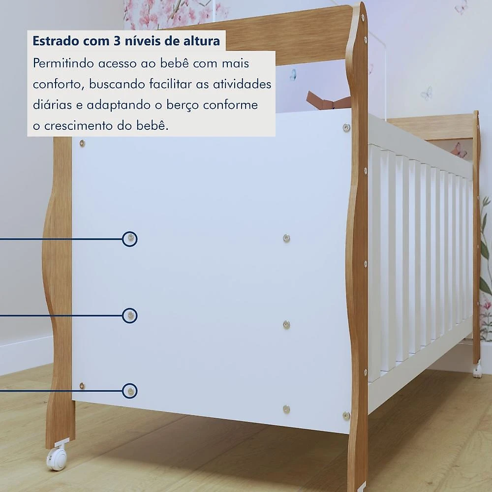 Quarto de Bebê Completo com Cômoda, Berço com Colchão e Guarda Roupas Mila Branco/Amadeirado