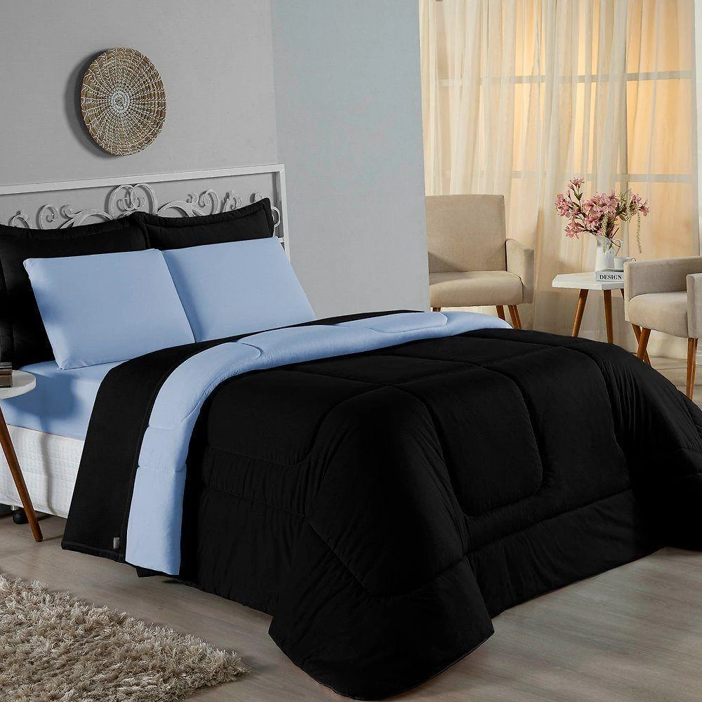 Edredom King Nobre 1 Peça Dupla Face 2,50m X 2,90m Malha 100% Algodão - Preto / Azul-bebê