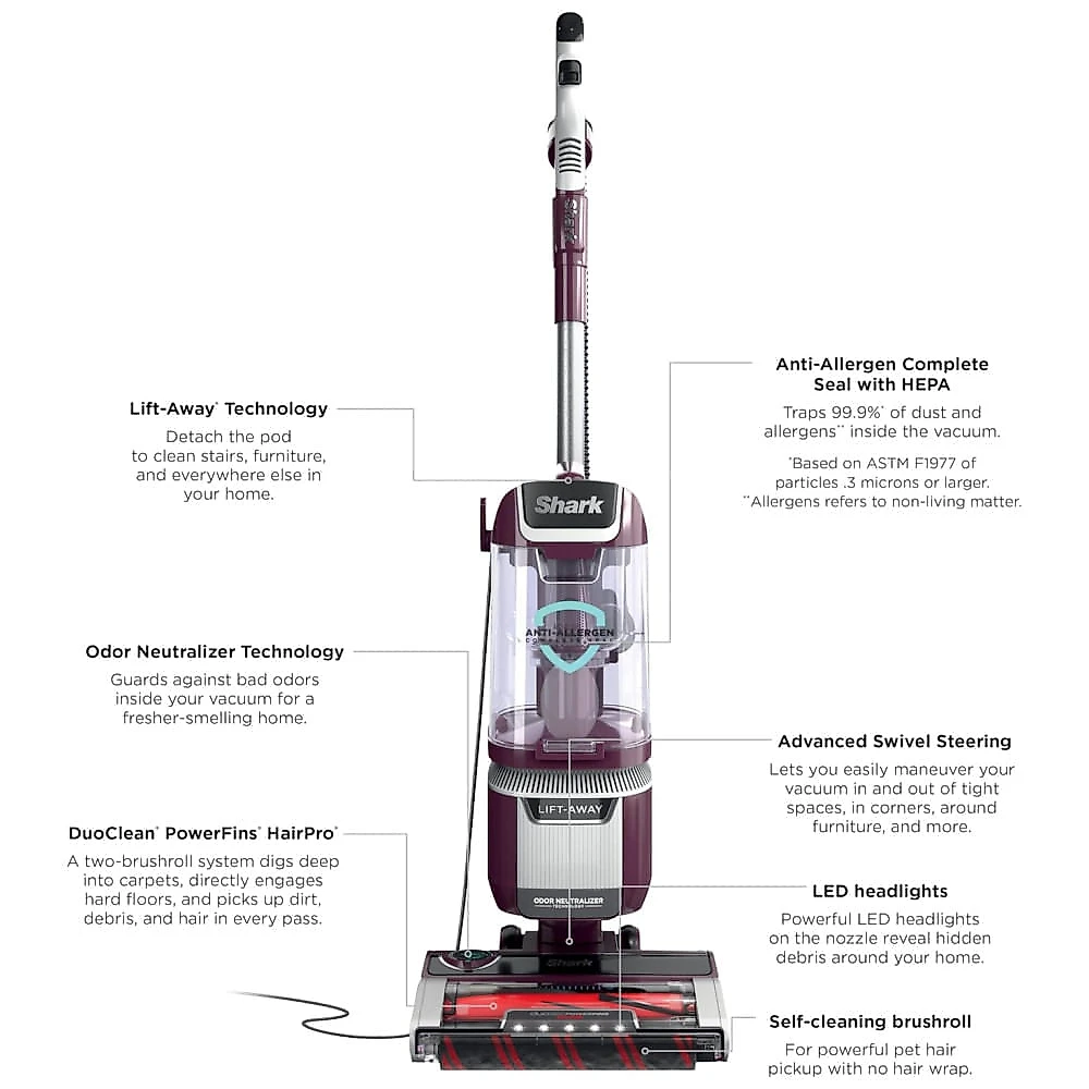 Aspirador Vertical Shark LA702 Rotator Pet LiftAway ADV com Tecnologia DuoClean PowerFins HairPro e Neutralizador de Odores, Roxo Vinho com Sistema