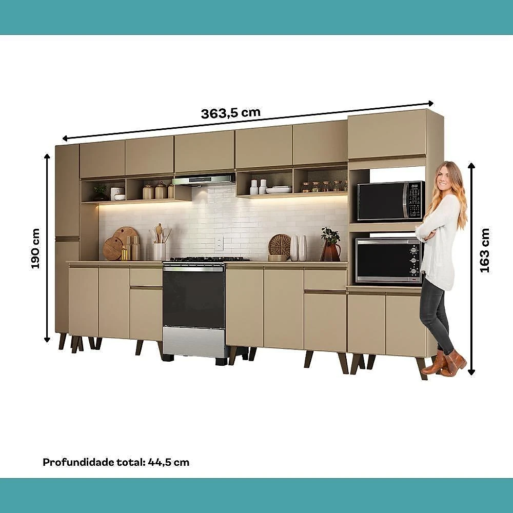 Cozinha Atlanta Full 18 Portas 3 Gavetas MDF-MDP 363,5CM Móveis Carraro
