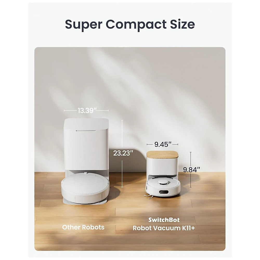 Robô Aspirador SwitchBot K11+ com Esvazio Automático 6000Pa Navegação Laser Ultra Fino 9,1cm Branco