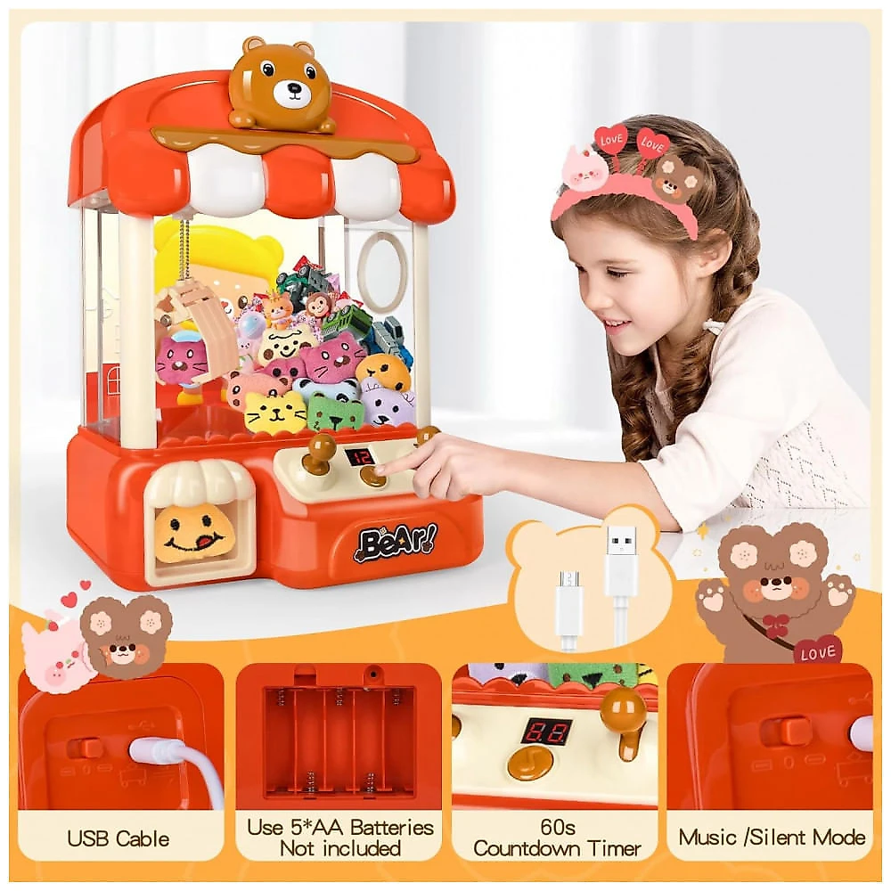 Máquina de Garra Vermelha nicknack – Mini Arcade Infantil com 10 Pelúcias, 10 Moedas e Cabo USB