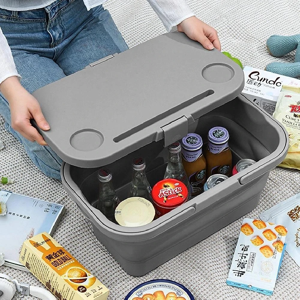 Cesto de Piquenique Dobrável Multiuso 2 em 1 Mesa para Notebook e Porta Tablet em Silicone Cinza