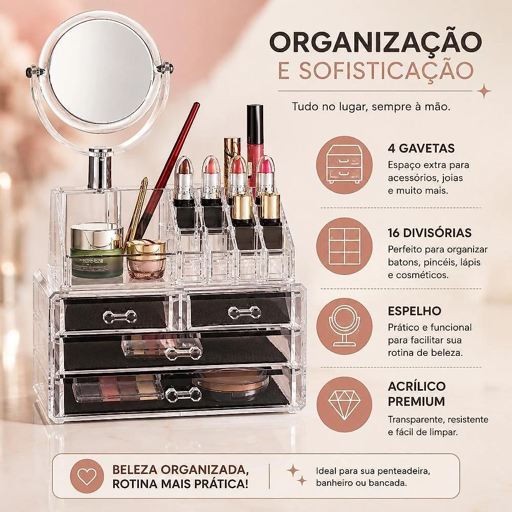 Organizador de Maquiagem com Espelho 4 Gavetas 16 Divisórias Acrílico Transparente