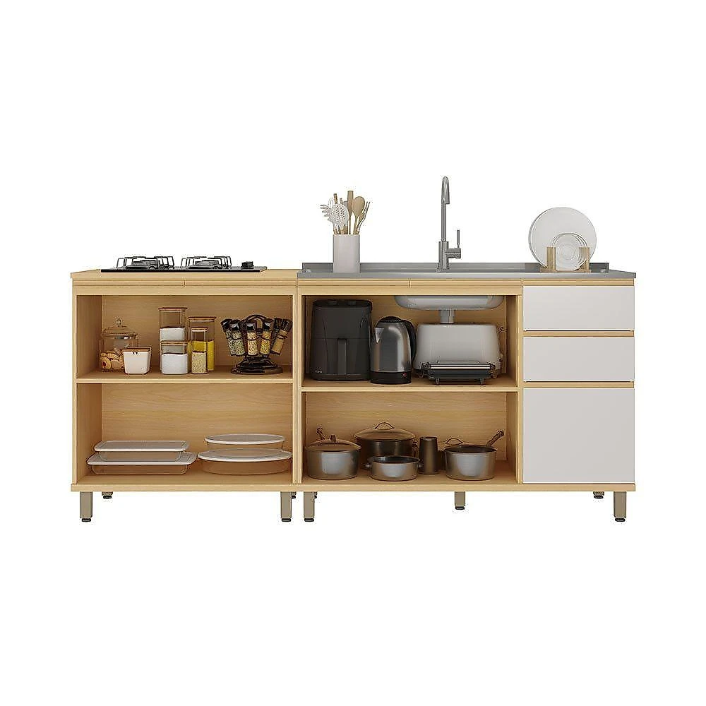 Cozinha Compacta Aura 5 Portas 2 Gavetas MDF 200CM Carvalho e Cinza Luciane