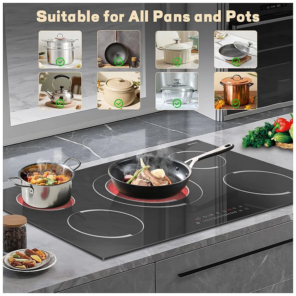 Cooktop elétrico vitrocerâmico 91cm 5 zonas Jessier 9200W touch slide anel triplo timer trava segurança 220V