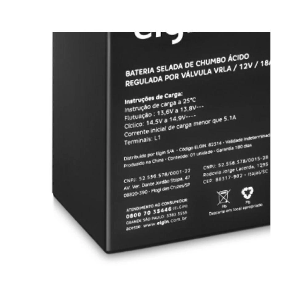 Bateria Selada VRLA 12V 18AH Tecnologia AGM Terminal L1 Preto Elgin