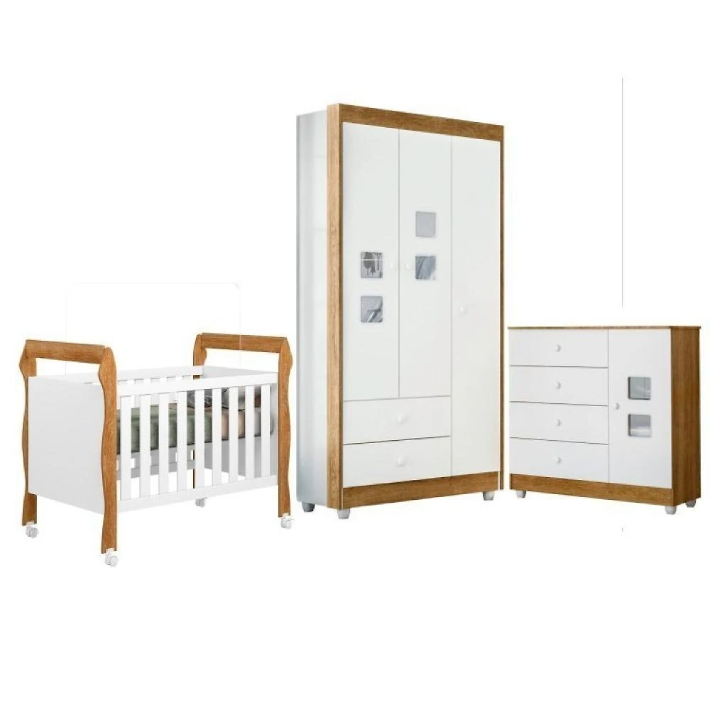 Quarto de Bebê com Berço Mini Cama, Cômoda 1 Porta 4 Gavetas e Roupeiro 100% Mdf 3 Portas 2 Gavetas
