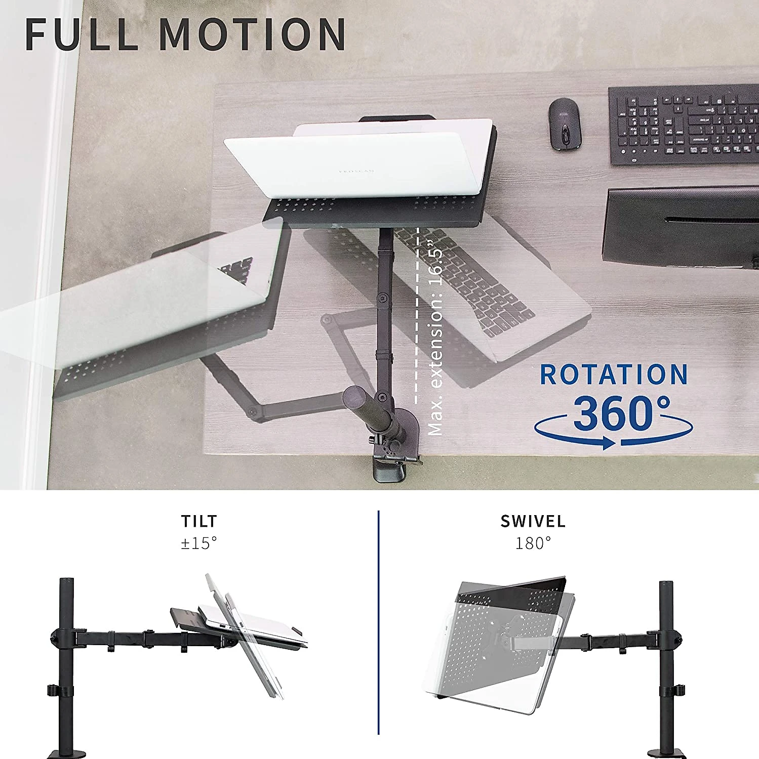 Suporte para suporte de mesa para notebook único VIVO extensão totalmente ajustável com braçadeira