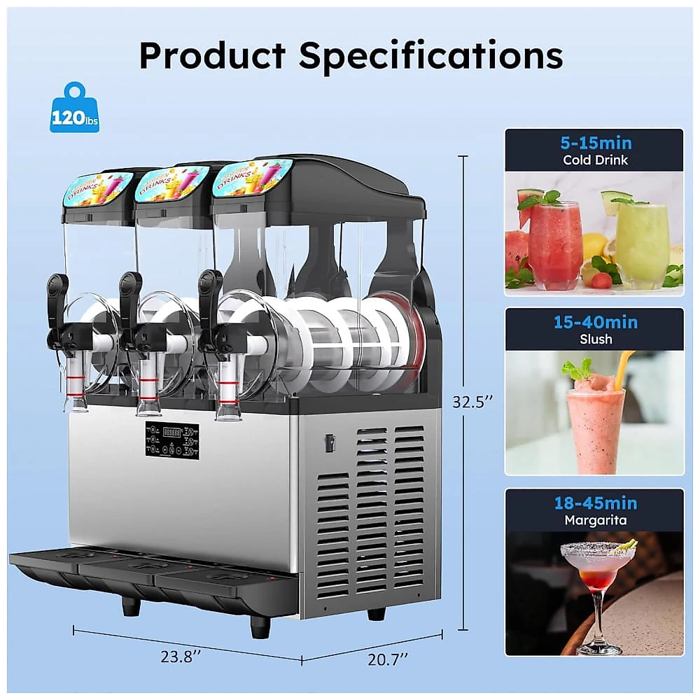 Máquina de Raspadinha Comercial Mojgar de 45L/12 Cal com Luz LED, 3 Tanques de 15L para Margarita, Suco, Smoothie, Daiquiri, Coquetel