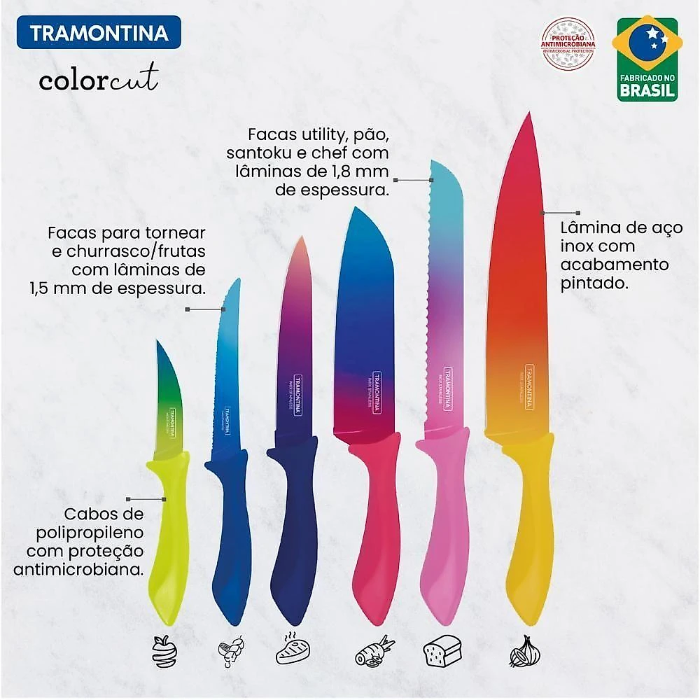 Jogo de Facas Colorcut com Lâminas em Aço Inox e Cabos Coloridos Cozinha Tramontina 06 Peças