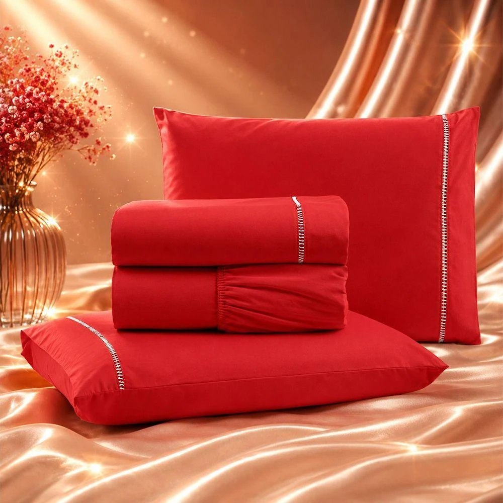 Jogo de Cama Quality Queen 4 Peças Micropercal 600 Fios 100% Poliéster Vermelho Casa Show Enxovais