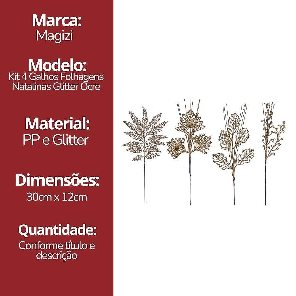 Conjunto 4 Galhos Natalinos Magizi com Glitter Ocre 30CM Plástico Yangzi