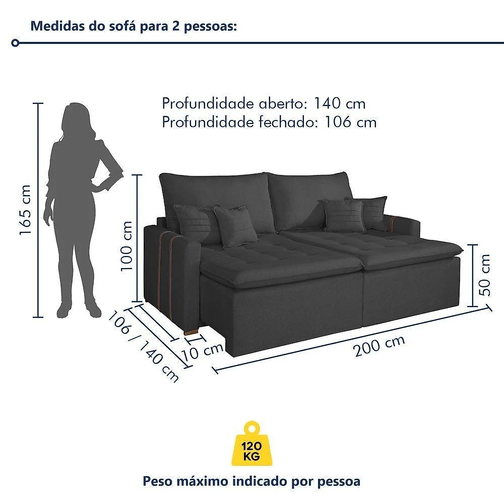Sofá Boston 2 Lugares Retrátil 200CM Cinza Veludo Kc Rei de Casa