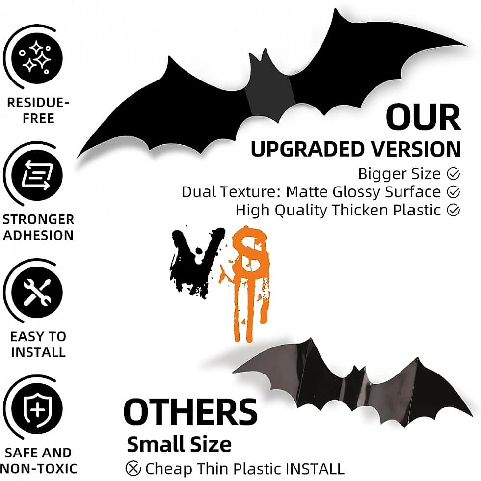 Decoração de morcegos de Halloween Decoração de parede de morcegos 70 pçs realista PVC 3D preto adesivo de morcego assu...