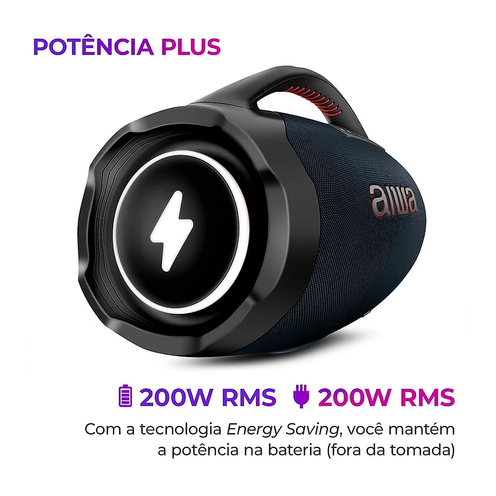 Miniatura Caixa de Som Boombox Plus AIWA BBS-01-LBL 200W BT 30H IP66 USB RGB BOOMBOX C/ LUZES AWS-BBS-01-LBL BIVOLT