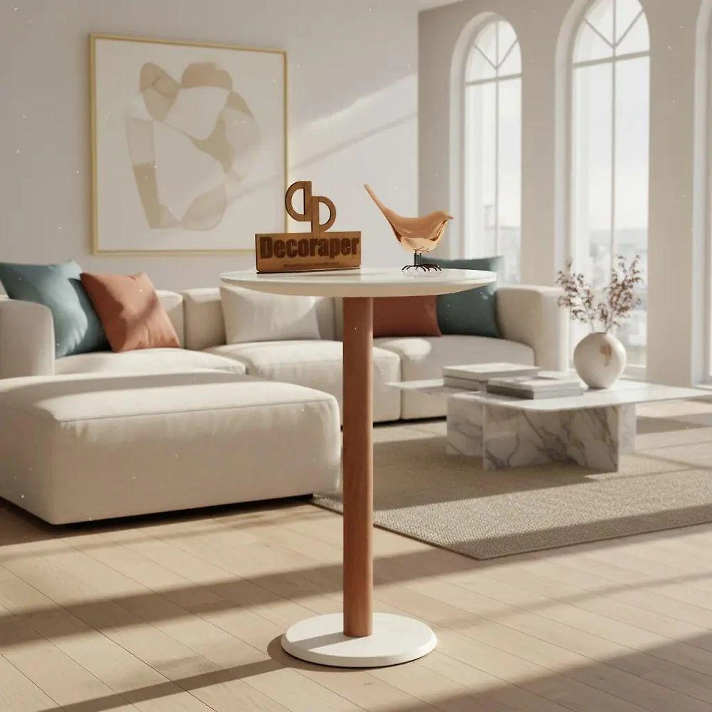 Mesa de Canto Monopé Redondo Vidro MDF Madeira 45CM Branco Decoraper
