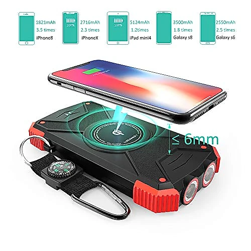Powerbank Carregador solar Qi Wireless Sem Fio 10000mAh Bateria Externa Lanterna LED Bússola Chuva