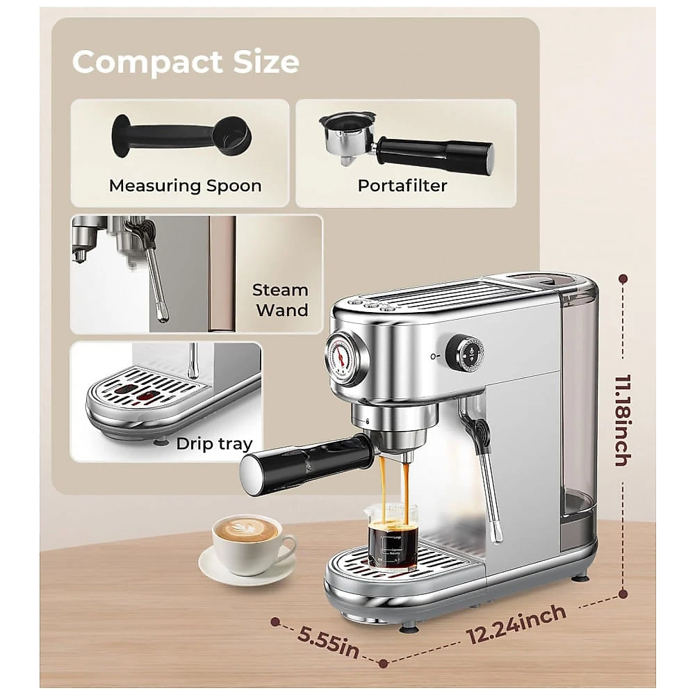 Máquina de Espresso 20 Bar, Vaporizador Profissional, Compacta, Controle NTC, Atatix, Inox, Prata, 110V