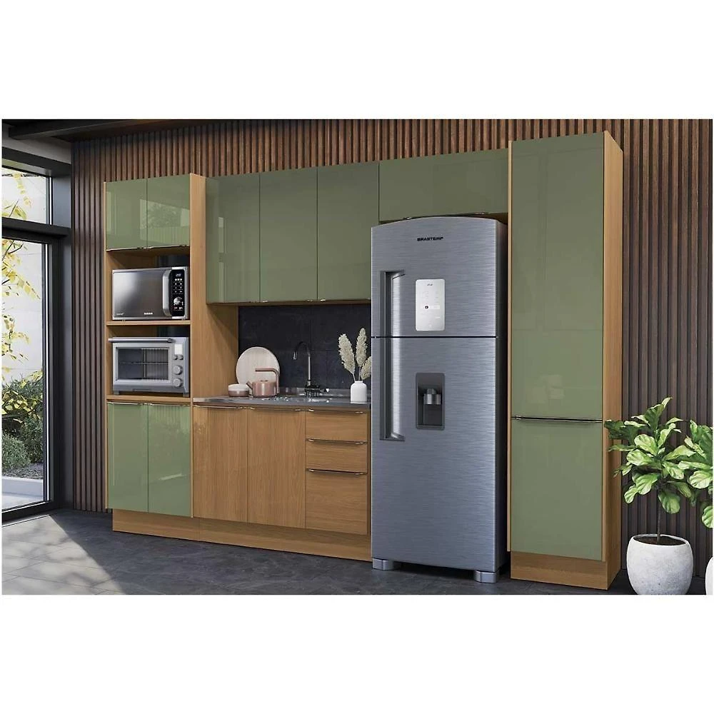 Cozinha Vibra 5 Módulos 5 Portas 3 Gavetas MDF-MDP 120CM Canela e Verde Pistache Kappesberg
