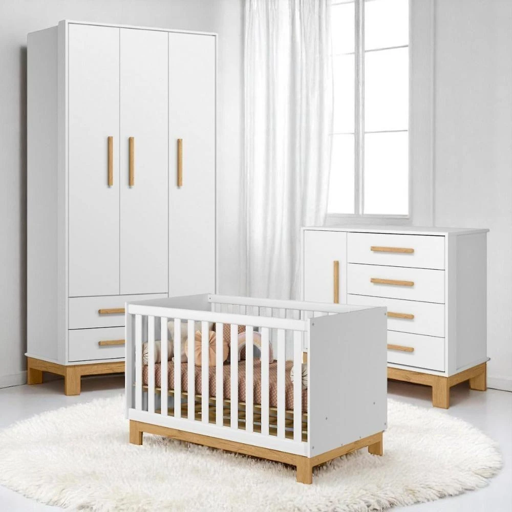 Conjunto Infantil Encanto Slim Branco Acetinado Berço Encanto Slim Mini Cama + Cômoda Encanto Slim + Guarda-roupa