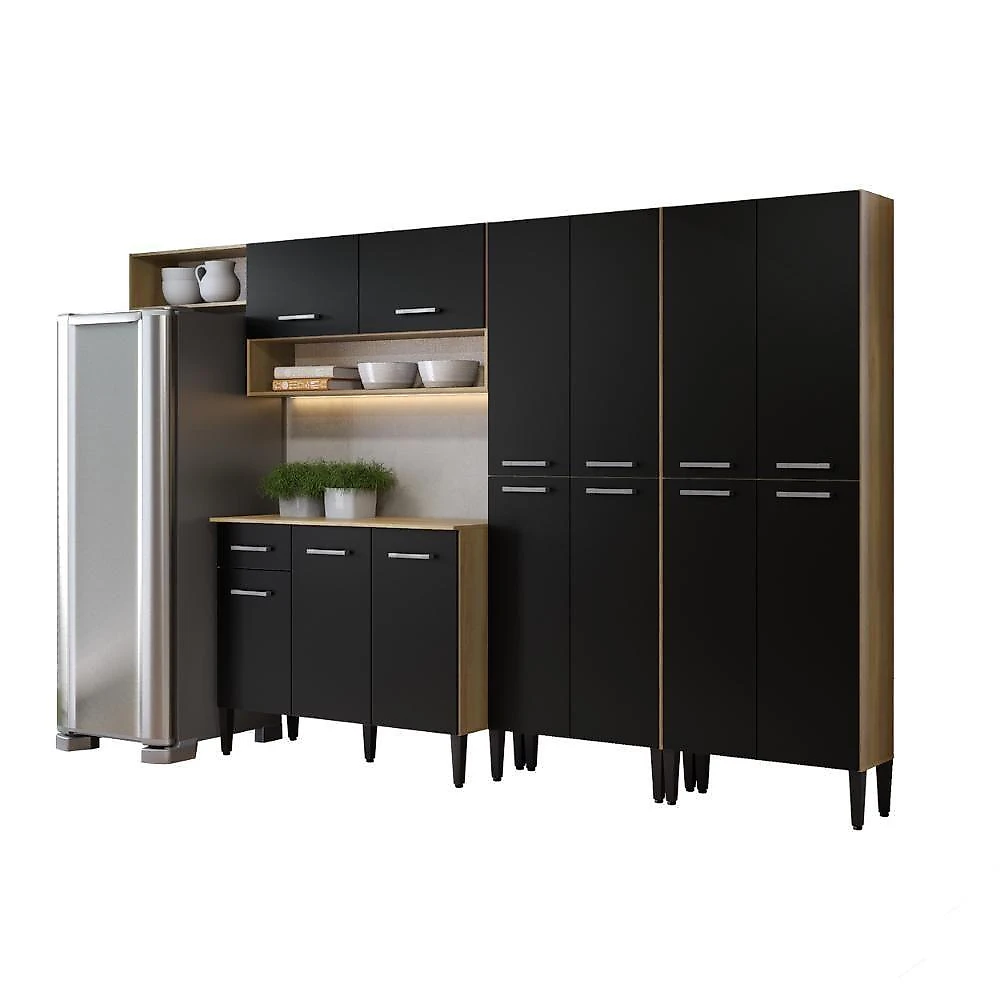 Cozinha Arizona Fusion Two 13 Portas 1 Gaveta MDP Carvalho com Preto Carraro
