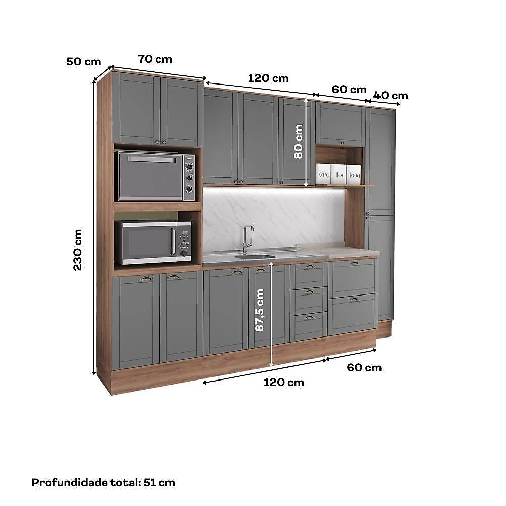 Cozinha Completa com Balcão Milla Lumine 12 Portas 5 Gavetas Nogal com Cinza Titânio Móveis Carraro webcontinental-7893455168820