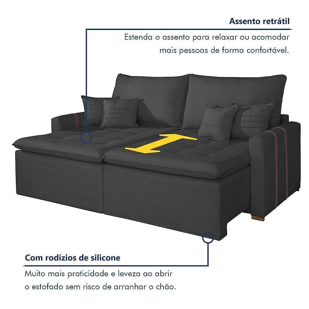 Sofá Boston 2 Lugares Retrátil 200CM Cinza Veludo Kc Rei de Casa