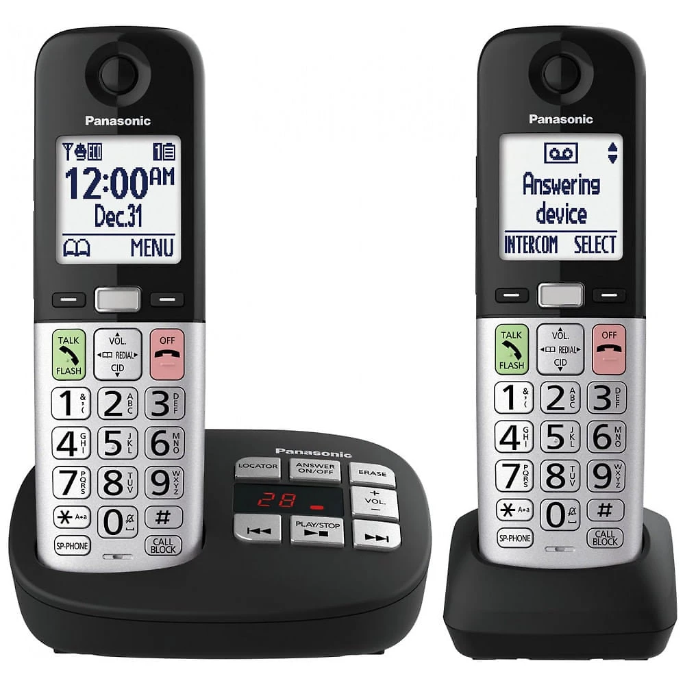 Telefone Sem Fio Panasonic Preto Display 5,3 cm Botões Grandes Tecla Favoritos Lanterna Bloqueio Chamadas Boost Volume ID Falante 2 Terminais