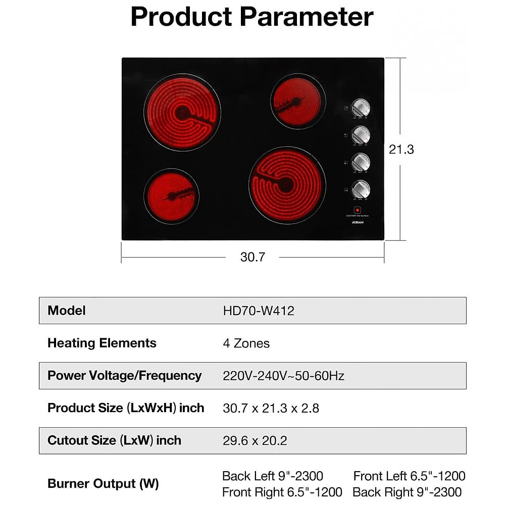 Cooktop elétrico de embutir 76cm Robam W412 vidro cerâmico preto 4 zonas radiantes 7000 W 220V