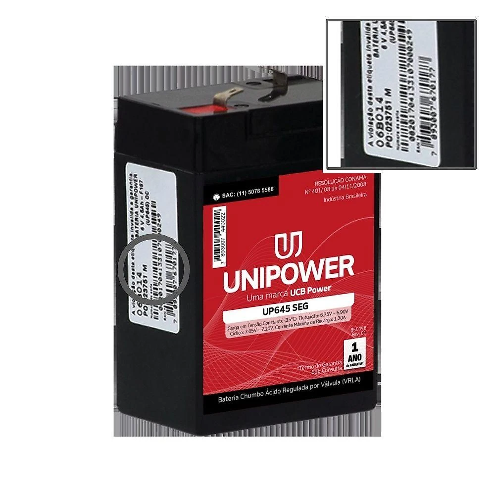 Bateria Unipower UP645SEG para Brinquedos 6V 4,5Ah Chumbo-ácida VRLA Livre de Manutenção