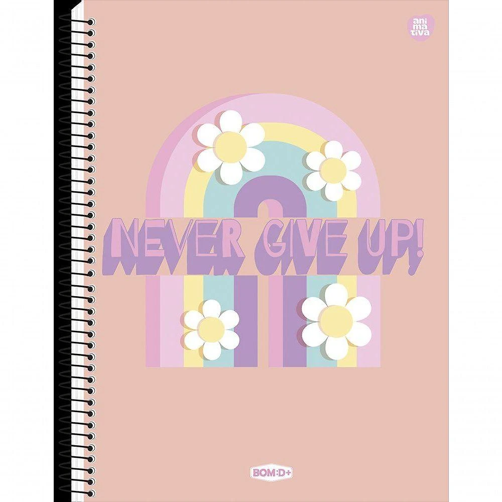Caderno Universitario Feminino Never Give Up 80 Folhas Espiral Rosa